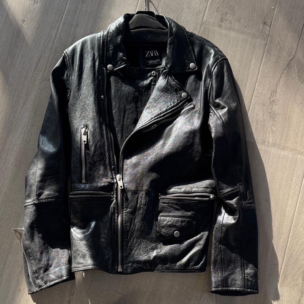 Zara Men's Black Leather Moto Jacket